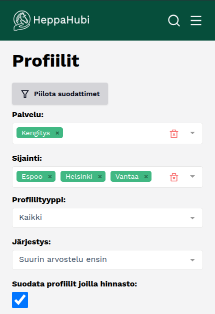 Profiilit-sivun suodatus hinnastolla